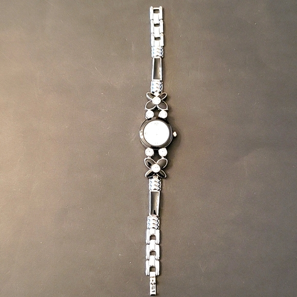 Floral Silver-tone & Black Enamel Watch with Sparkling Crystals! - Picture 10 of 14